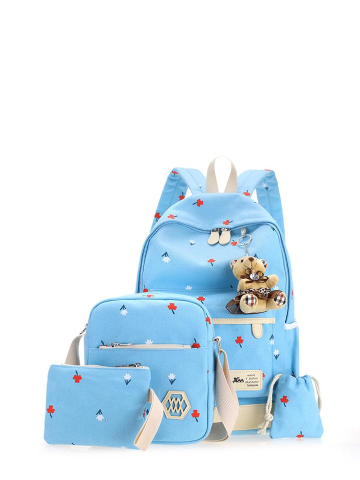 Romwe Flower Print Combination Bag 4pcs With Bear