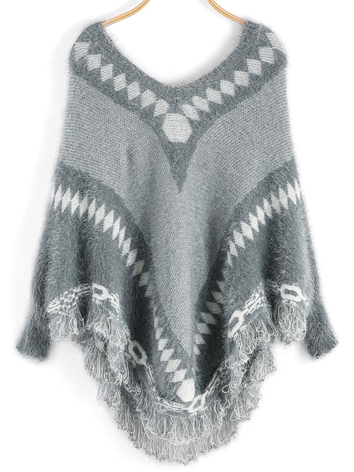 Romwe V Neck Geometric Print Fuzzy Sweater Poncho