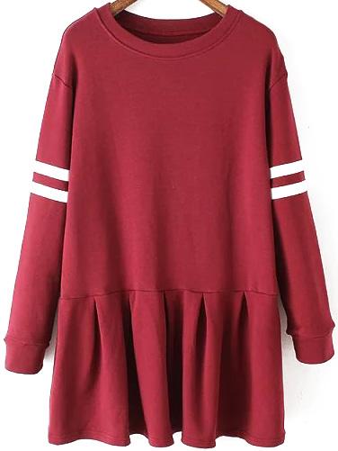 Romwe Long Sleeve Varsity-striped Peplum Hem Wine Red Dress