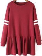 Romwe Long Sleeve Varsity-striped Peplum Hem Wine Red Dress