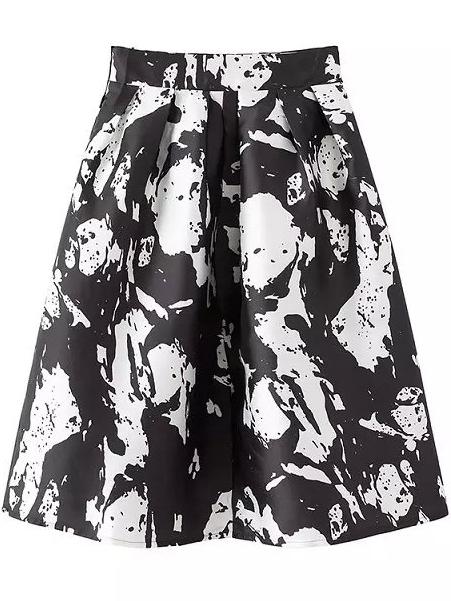 Romwe With Zipper Vintage Print Pleated Black Skirt