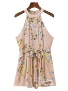 Romwe Halterneck Tie Waist Floral Playsuit