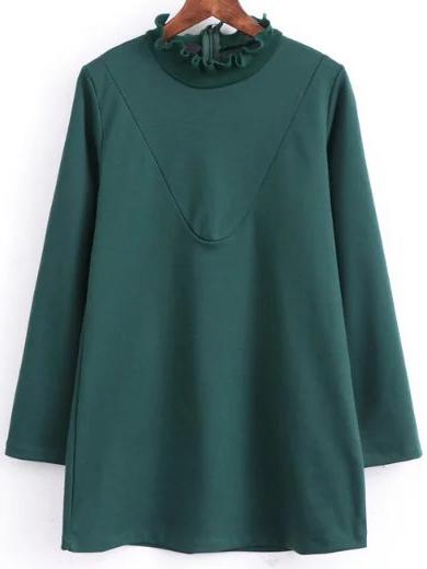 Romwe Green Ruffle Neck Zipper Back Dress