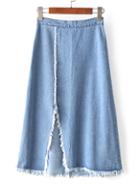 Romwe Light Blue Cutout Front Zipper Raw-edge Hem Skirt