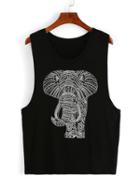 Romwe Elephant Print Drop Armhole Tank Top - Black