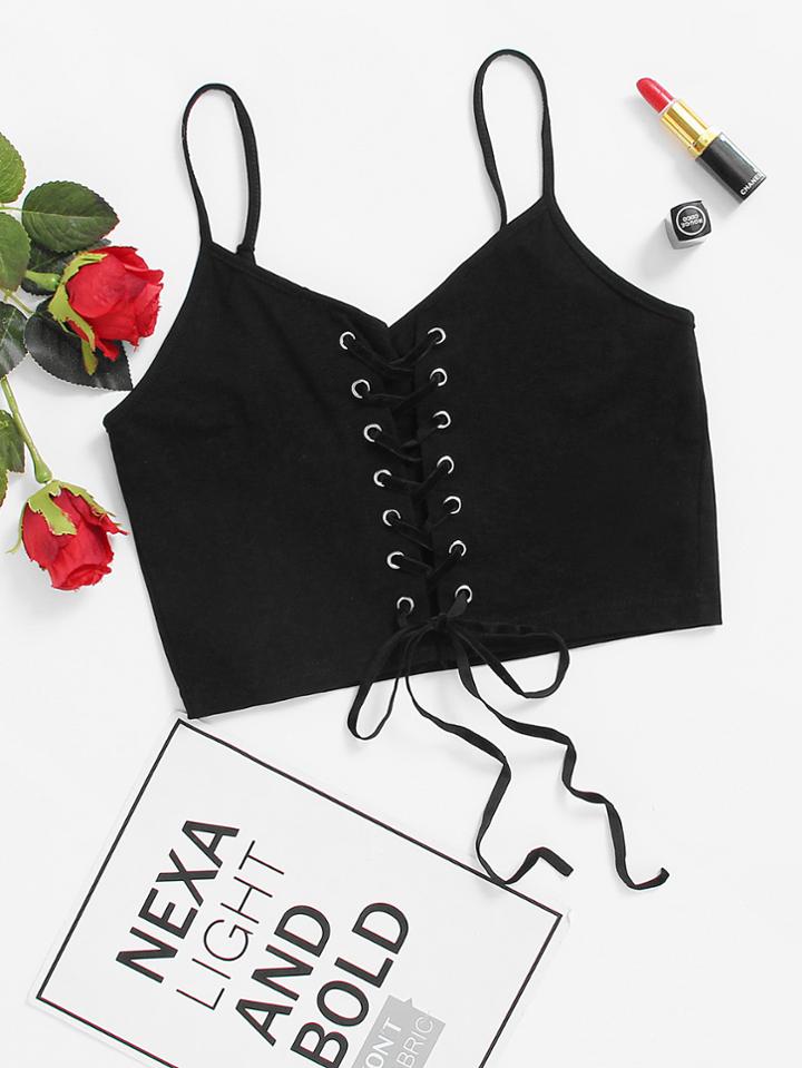 Romwe Eyelet Lace Up V Neckline Cami Top