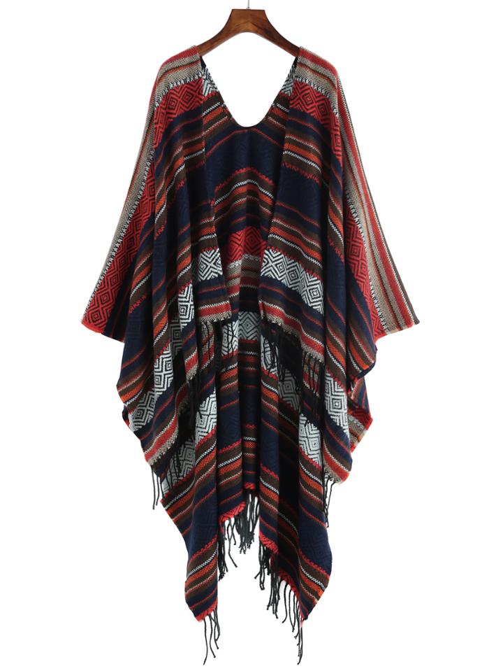 Romwe Multicolor Stripe Tribal Print Fringe Shawl Scarf