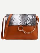 Romwe Brown Snake Embossed Ring Chain Accent Flap Bag