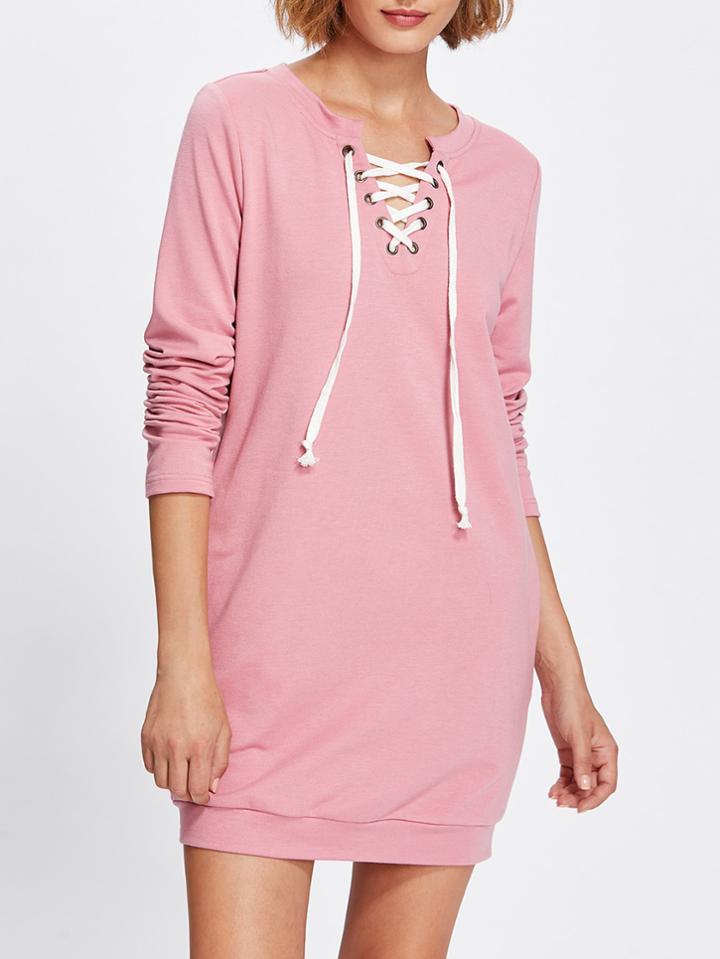 Romwe Grommet Lace Up Front Longline Sweatshirt