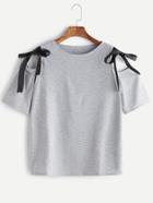 Romwe Open Shoulder Bow Tie Detail Marled T-shirt