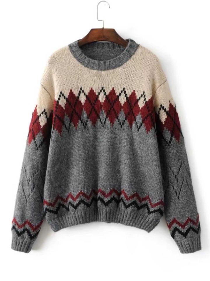 Romwe Zigzag & Diamond Pattern Drop Shoulder Sweater