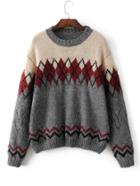 Romwe Zigzag & Diamond Pattern Drop Shoulder Sweater