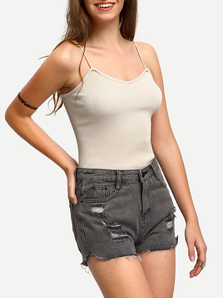 Romwe Apricot Spaghetti Strap Ribbed Cami Top
