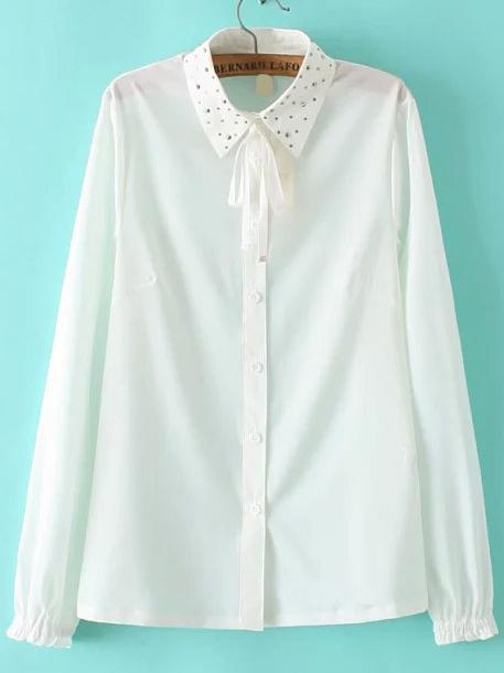 Romwe Lapel Studded Cute White Blouse