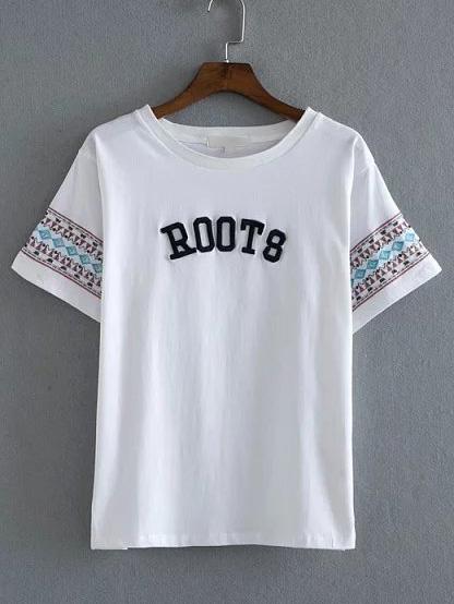 Romwe White Embroidery Letter Split Side T-shirt