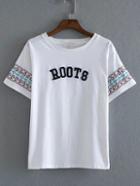 Romwe White Embroidery Letter Split Side T-shirt