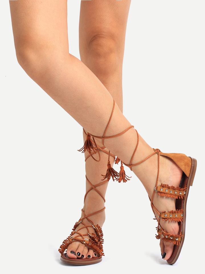 Romwe Brown Peep Toe Lace-up Tassel Sandals