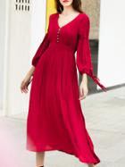 Romwe Red V Neck Pleated A-line Midi Dress