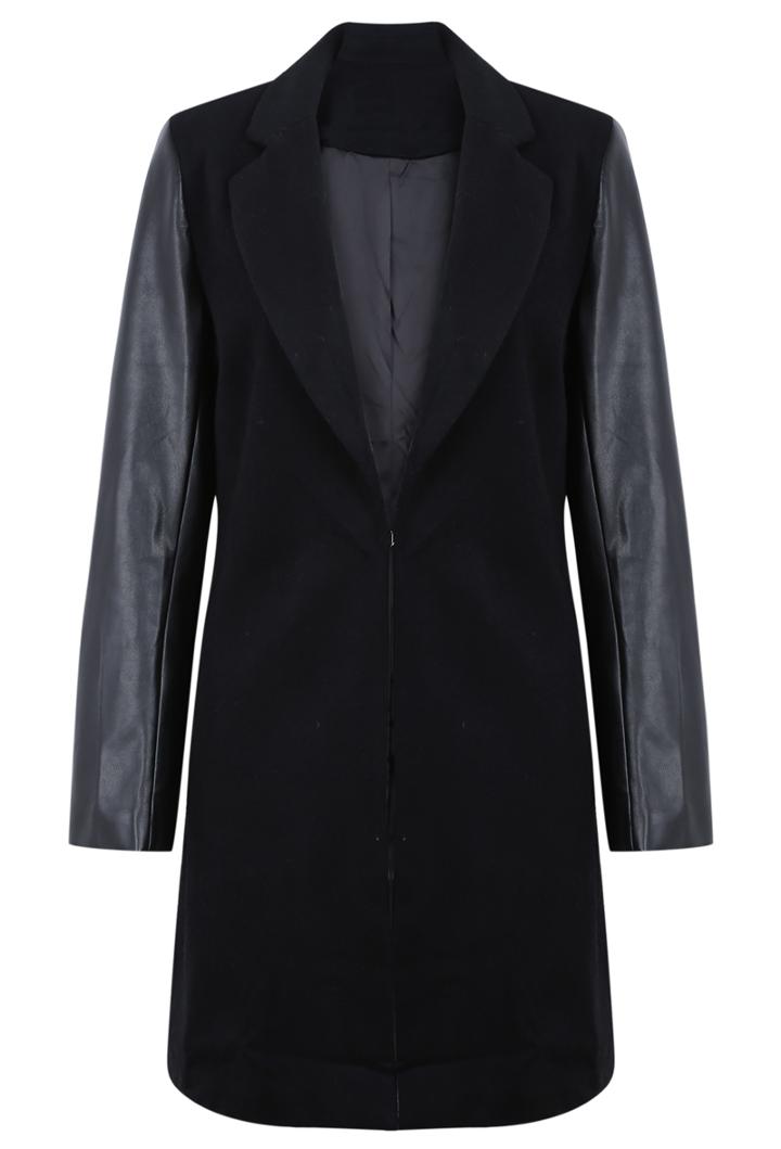 Romwe Black Lapel Contrast Pu Leather Long Sleeve Coat