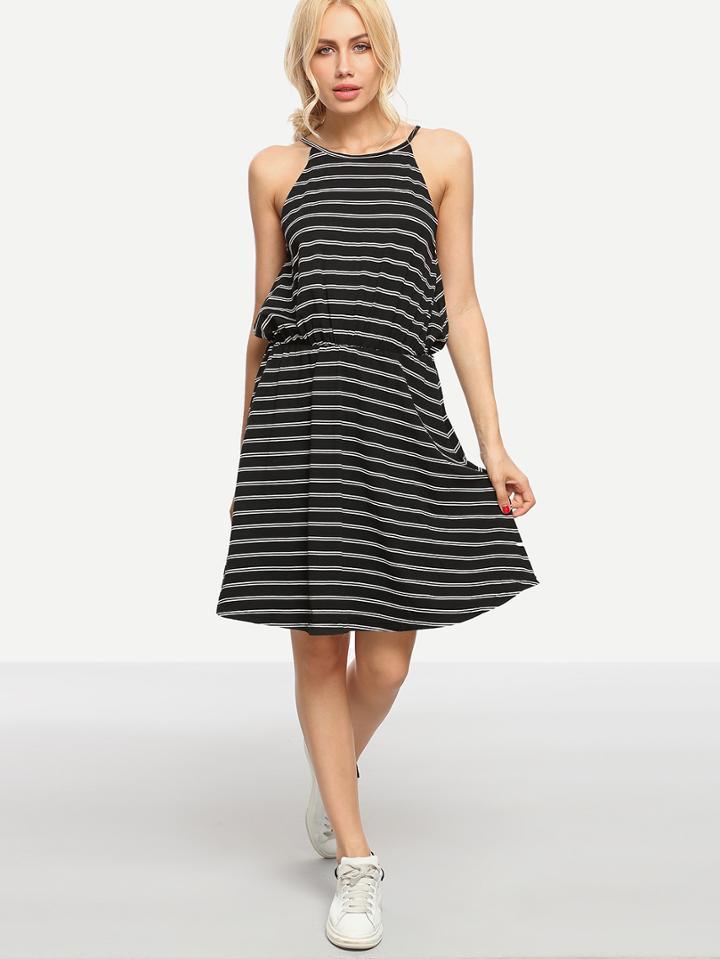 Romwe Black White Keyhole Tie Back Cami Dress