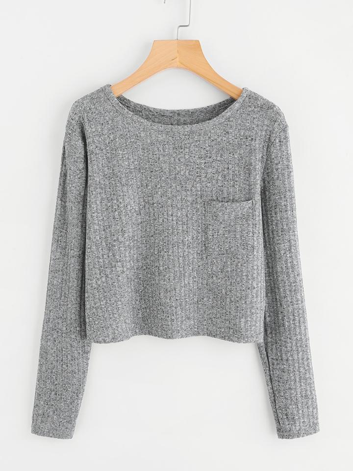 Romwe Chest Pocket Ribbed T-shirt