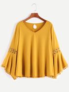 Romwe Yellow V Neck Contrast Crochet Keyhole Back T-shirt