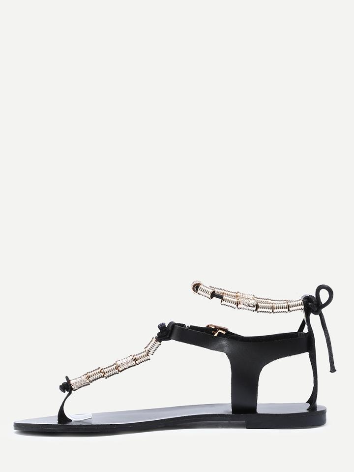 Romwe Black Faux Leather T-strap Sandals