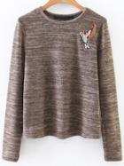 Romwe Khaki Sequin Detail Embroidery Bird Sweatshirt