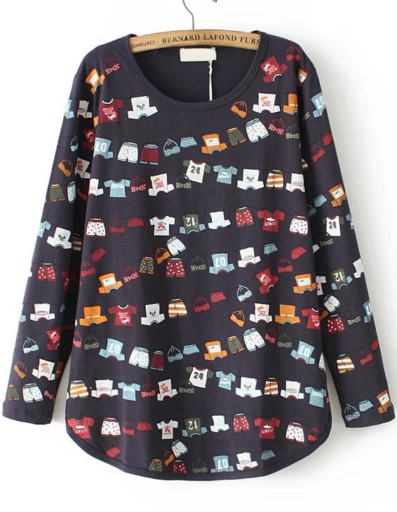 Romwe Cartoon Clothes Print Navy T-shirt