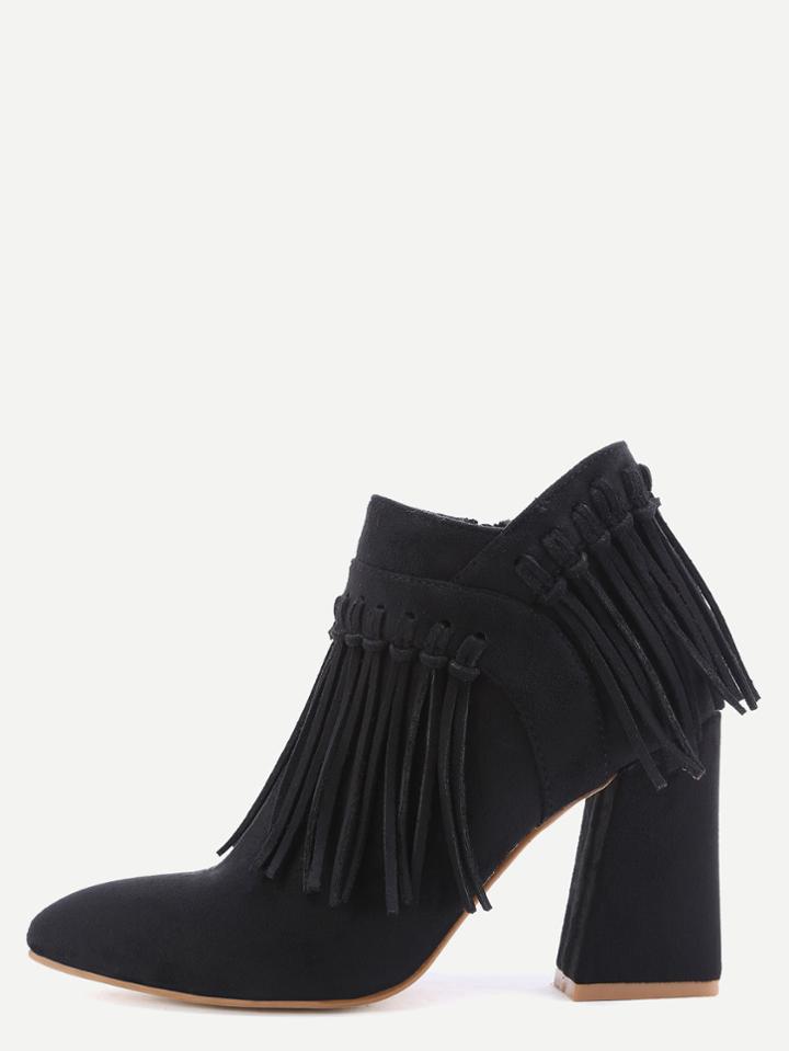 Romwe Black Faux Suede Tassel Fringe Chunky Heel Ankle Boots