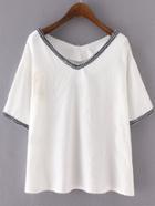 Romwe White V Neck Casual T-shirt