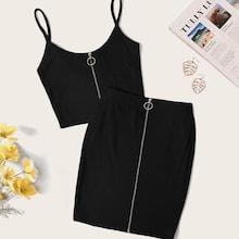 Romwe O-ring Zip Front Rib-knit Crop Cami & Bodycon Skirt Set