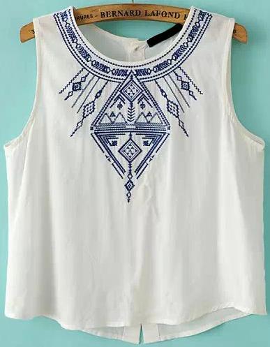 Romwe Sleeveless Embroidered Buttons White Vest