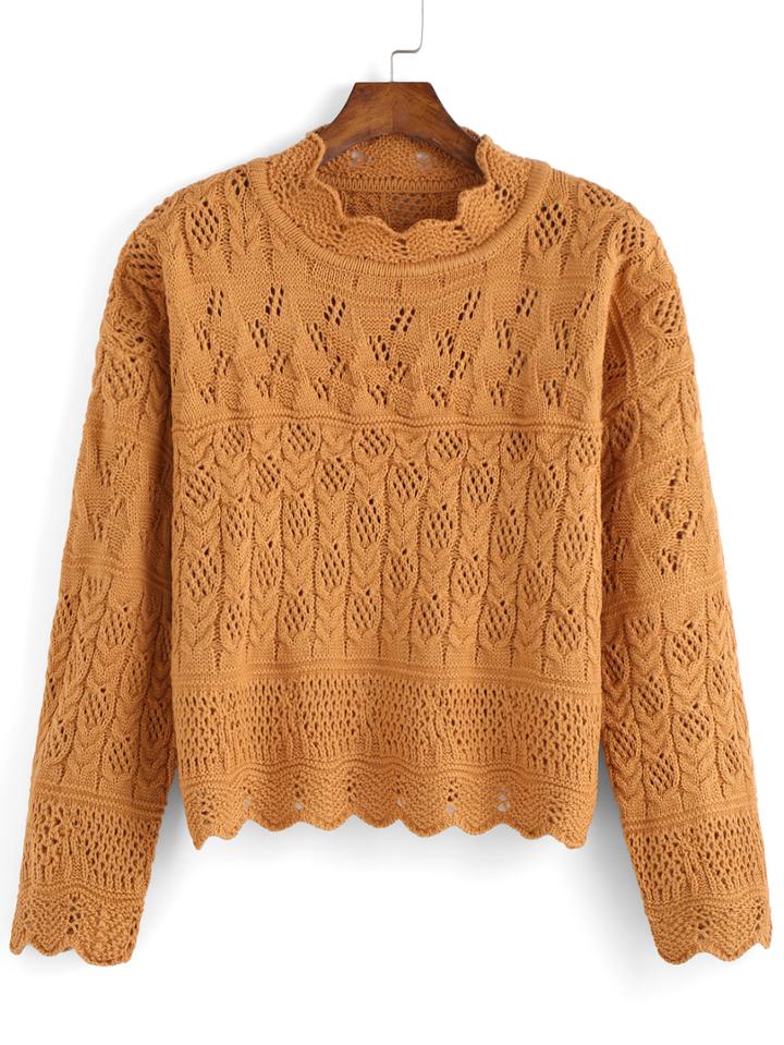 Romwe Stand Collar Hollow Khaki Sweater