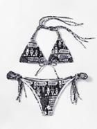 Romwe Mixed Print Tie Side Halter Bikini Set