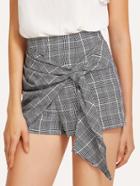 Romwe Knotted Overlap Front Plaid Shorts