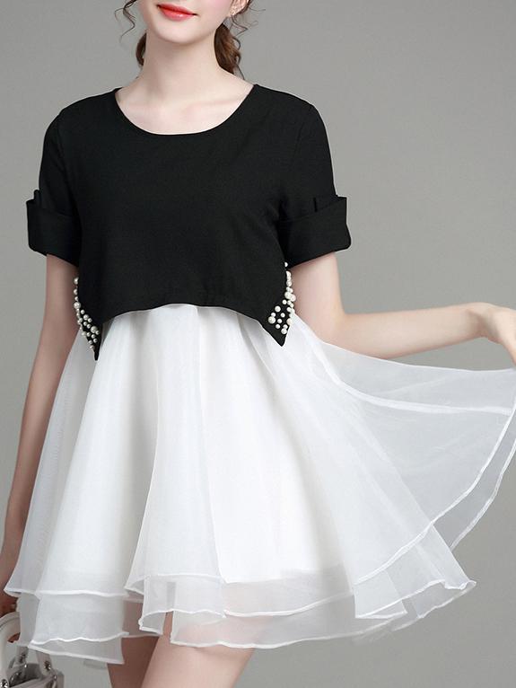 Romwe White Necklace Beading Combo Dress