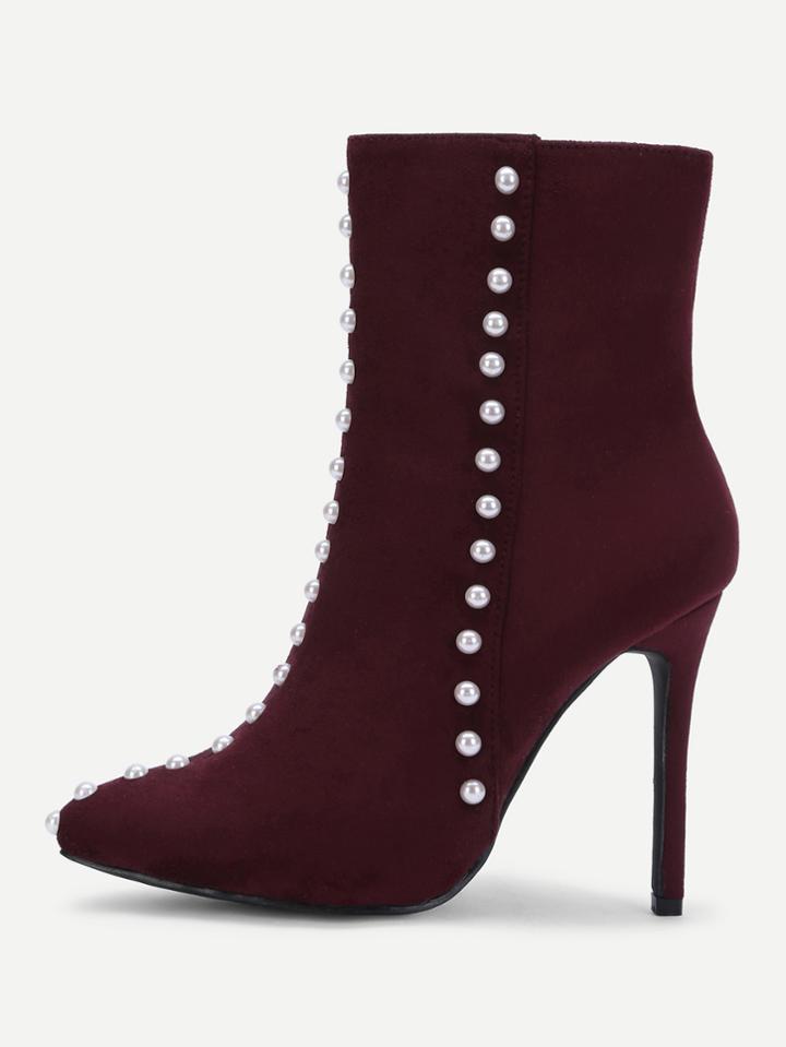 Romwe Faux Pearl Decorated Side Zipper Stiletto Boots