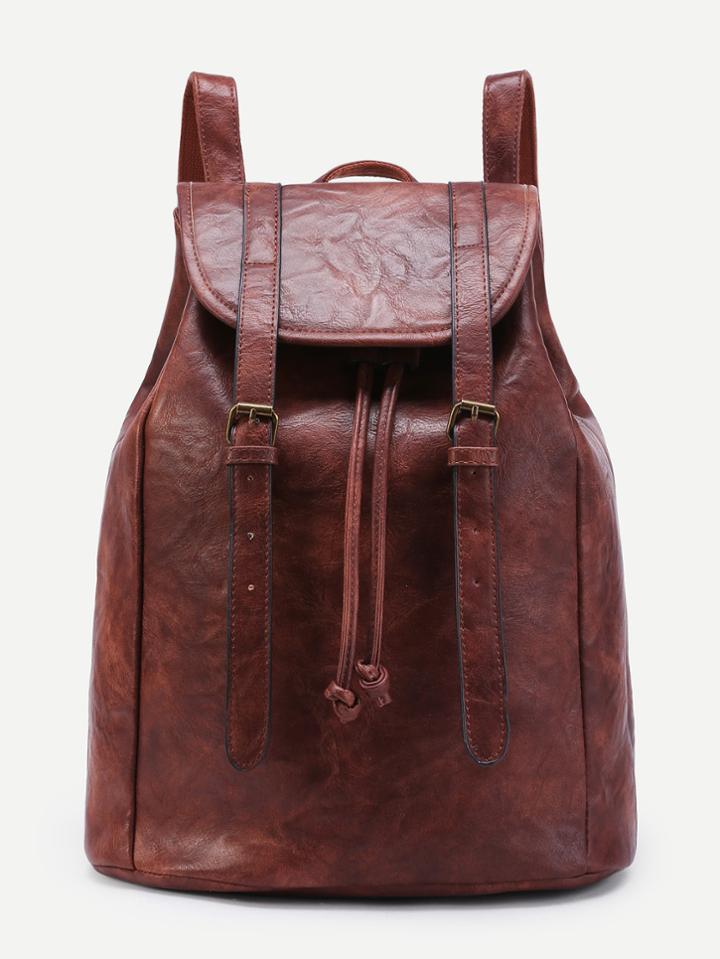 Romwe Double Buckle Drawstring Pu Backpack