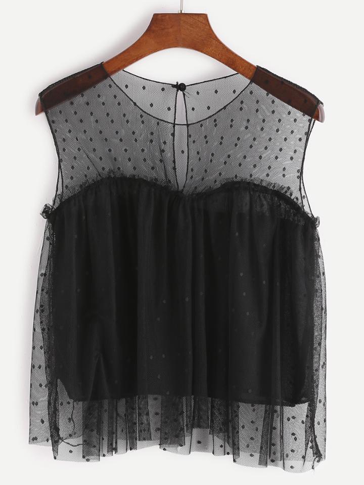 Romwe Black Keyhole Back Layered Lace Sheer Mesh Top
