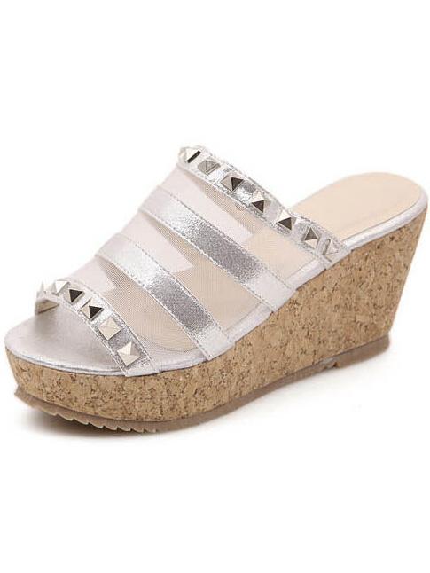 Romwe White Studded Mesh Wedges Sandals