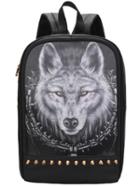 Romwe Black Wolf Print Studded Backpack