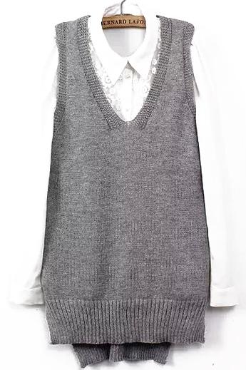 Romwe V Neck Dip Hem Loose Grey Vest