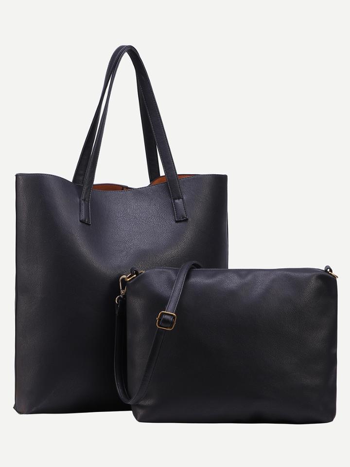 Romwe Black Faux Leather Tote Bag With Crossbody Bag