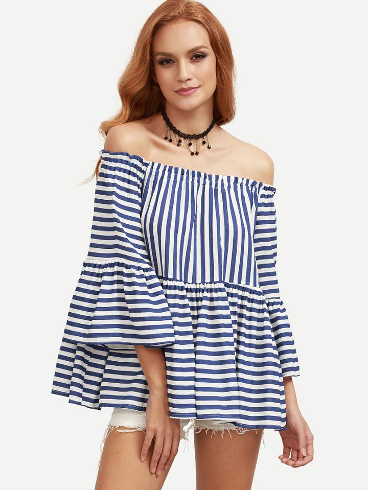Romwe Blue Mixed Stripe Off The Shoulder Top
