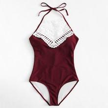 Romwe Crochet Lace Panel Tie Back One Piece Swimsuit