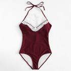 Romwe Crochet Lace Panel Tie Back One Piece Swimsuit