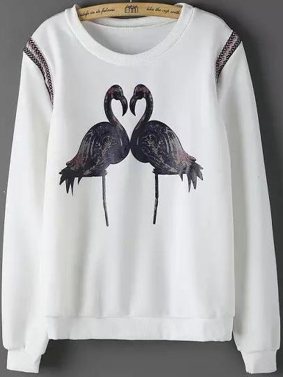 Romwe Birds Print White Sweatshirt