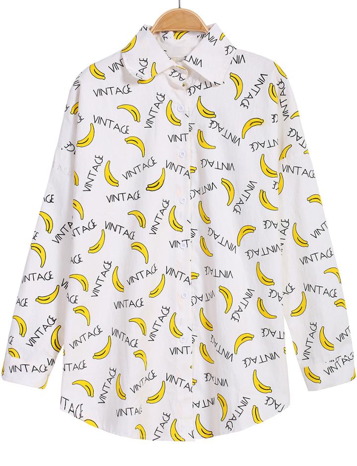 Romwe Banana Print Lapel Loose Blouse