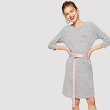Romwe Letter Embroidered Heathered Grey Dress Without Belted